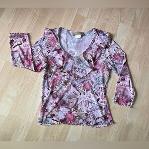 Vintage 1990s Pastel Floral 3/4-Sleeve Top with Ruffled Neckline - Size Small